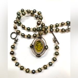 SET Extasia Cameo Olive Pearl Necklace & Bracelet Glass Intaglio Iridescent